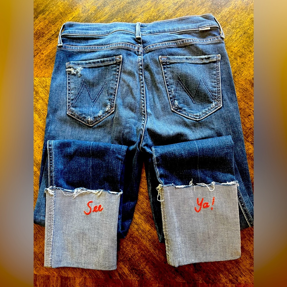 MOTHER Blue Cropped Jeans with Red Embroidery